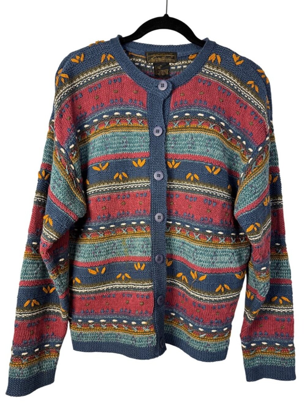 Eddie Bauer Medium Cardigan Knit Sweater Multicolor Floralcore Boho Vintage 80s